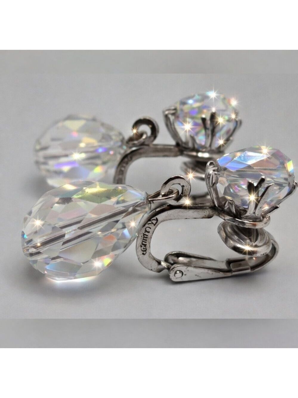 Sherman Aurora Borealis Crystal Teardrop Dangle Earrings Vintage '50 '60